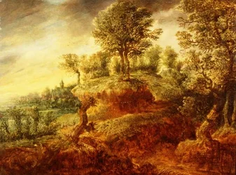 Un paisaje arbolado con un carro en un camino y una iglesia al fondo