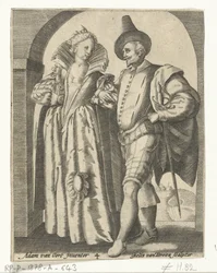 Hombre y mujer vestidos según la moda de 1590-1600