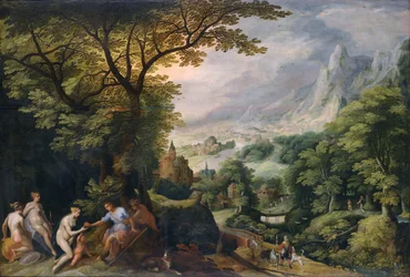 Paisaje montañoso en el que se representa el "Juicio de París".