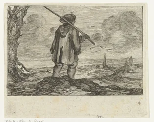 Paisaje de dunas con un hombre, con un bastón al hombro. Playas de Verscheyden y vistas al agua realizadas por Jan Percelles (título de la serie)