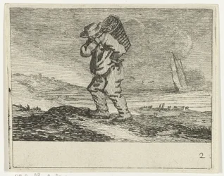 Paisaje de dunas con un pescador Playas de Verscheyden y vistas al agua realizadas por Jan Percelles (título de la serie)