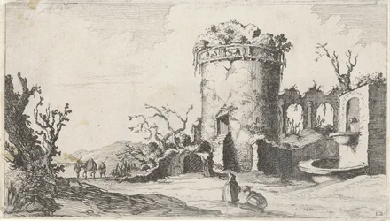 Fuente en ruinas con una torre redonda Doce paisajes (título de la serie)