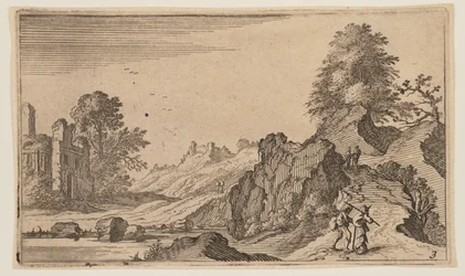 Peatones en un camino junto a rocas, ruinas más allá del agua a la izquierda, de Doce paisajes