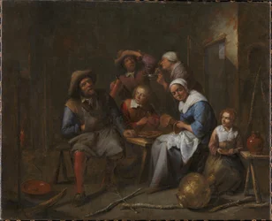 Un interior con artesanos y campesinos comiendo y bebiendo
