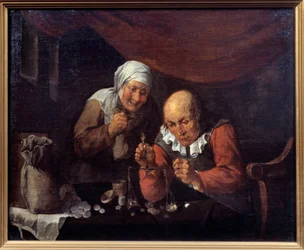 La pareja avara de ancianos pesando sus posesiones. Pintura de Gillis Van Tilborgh