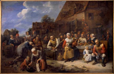 El banquete del pueblo. Escena de fiesta en un pueblo, campesinos sentados a la mesa. Pintura de Gillis Van Tilborgh el joven (1625-1678). Siglo XVII. Ruan, Museo de Bellas Artes