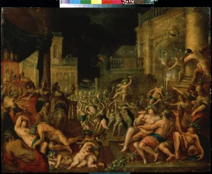 Fiesta de Midas en honor a Baco y Sileno. Pintura de Gillis van Valckenborch (1570-1622). Óleo sobre tabla Dim: 61,6 x 78,7 cm Arte de estilo barroco flamenco. Museo Pushkin de Bellas Artes, Moscú.