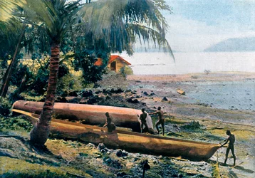 Construcción de canoas, Islas Andamán y Nicobar, Océano Índico, c. 1890