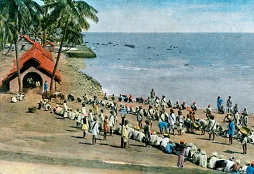 Comida comunal en la aldea, Islas Andamán y Nicobar, Océano Índico, c. 1890
