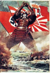 Samuráis japoneses hundiendo la flota estadounidense en Pearl Harbor (7 de diciembre de 1941), cartel de Gino Boccasile (1901-1952), Segunda Guerra Mundial, Italia, siglo XX