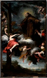 Representación de San Luis de Anjou adorando la cruz (óleo sobre lienzo