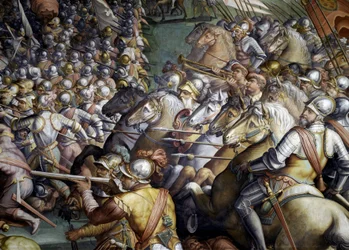 Batalla de Scannagallo en Valdichiana (Val di Chiana). Detalle. Fresco de Giorgio Vasari y su taller (1511-1574). Palazzo Vecchio (Salón del Cinquecento)