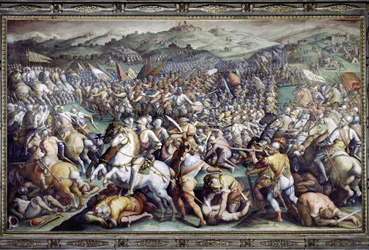 Batalla de Scannagallo en Valdichiana (Val di Chiana). Fresco de Giorgio Vasari y su taller (1511-1574). Palazzo Vecchio (Salón del Cinquecento)