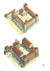 Vista aérea de las fases de construcción del Palacio Ducal en la Plaza de San Marcos de Venecia en los siglos VII y XII. Italia