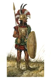 Antigua Roma (arcaica 753-530 a.C.): representación de un arma guerrera, casco, escudo, lanza (periodo monárquico del siglo VIII a.C.)