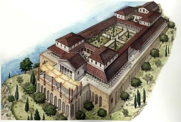 Antigua Roma: reconstitución de la villa romana Catulle o Cave di Catullo, residencia del poeta latino del mismo nombre (siglo I a.C.), situada en los alrededores de Sirmione, en la orilla meridional del lago de Garda (lago di Garda). Italia.