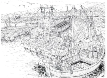 Antiquite: el transporte por barco de mármol probablemente de las canteras de Carrara (Carrara). Siglo II después de JC Italia Ilustración de Giorgio Albertini. (La utilización de las obras de este autor no está sujeta a la solicitud de autorización de un 