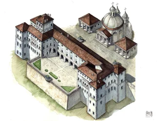 Arte barroco: vista aérea del palacio Chigi a Ariccia, Lacio, en el siglo XVII. Italia