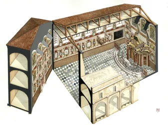 Arte barroco: reconstrucción de la estructura arquitectónica de la Sinagoga de Casale Monferrato (Casal), cerca de Alessandria (Alejandría), Italia.