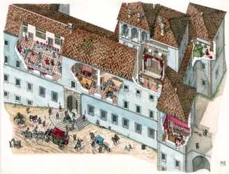 Arte barroco: vista y sección arquitectónica del palacio Chigi a Ariccia, Lacio, en el siglo XVII. Se aprecia el interior de las habitaciones familiares y las dependencias de la servidumbre. Italia