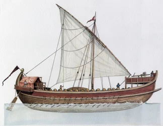 Imperio bizantino: reconstrucción de un dromon, buque de guerra, siglos IX-XI.