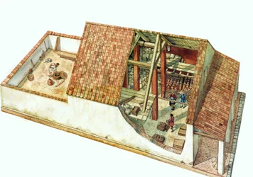Arquitectura bizantina: reconstrucción de un almacén Class, almacén de la zona de los muelles Classe, puerto de la ciudad de Rávena (Rávena) en tiempos del emperador Justiniano. Italia siglo VII. La sección del edificio permite ver las mercancías almacenad