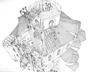 Arte bizantino: representación de las obras de construcción de la basílica de San Vital (Saint Vital o San Vitale) en Rávena en el siglo V. Vista aérea que muestra a los obreros en los andamios trabajando en el armazón de la cúpula. Italia Ilustración de G