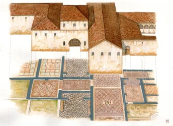 Arte bizantino: vista de la Domus de las alfombras de piedra (dei tappeti di pietra) en Rávena (Rávena) en el siglo VI, compuesta por mosaicos de un palacio bizantino.