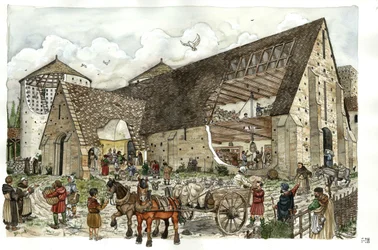 Entrega de víveres, alimentos, provisiones en el granero de una abadía francesa en el siglo XIV, cortes de la estructura de los edificios de la abadía que permiten ver las actividades y el interior de los almacenes.