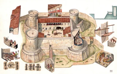 Detalle vista aérea del castillo aragonés de Venosa construido por Pirro del Balzo en 1470, cerca de Potenza en Basilicata, Italia Las copas permiten ver a los prisioneros en las celdas del interior de las torres que servían de prisión. Las vistas detallad