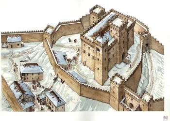 Arquitectura medieval: reconstrucción del castillo de la ciudad de Udine en el siglo XIV. Italia Ilustración de Giorgio Albertini. (La utilización de las obras de este autor no está sujeta a la solicitud de autorización de un tercero ni al pago de o