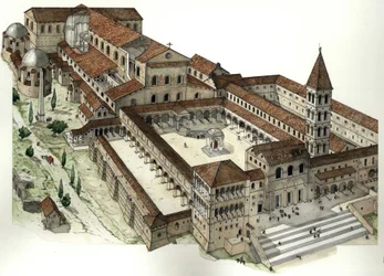 Edad Media: Antigua basílica de San Pedro en Roma (Basílica de San Pedro o Basílica de Constantino) ca 1300, Roma Italia