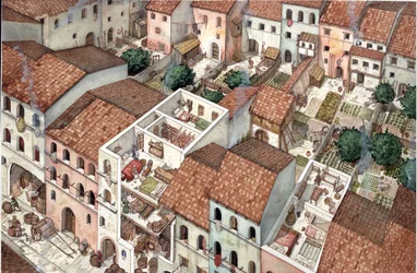 Edad Media: vista aérea de viviendas, vistas transversales del interior de las viviendas en Florencia, Italia, en el siglo XIII.
