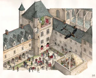 Edad Media: vista aérea del Palacio de los Duques de Borgoña en Dijon (Costa de Oro) en el siglo XV. Se ven las cocinas del palacio, en el patio, de los caballeros con sus monturas.