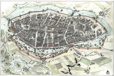 Edad Media: vista aérea de la ciudad de Lubeck en Alemania con callejero, mostrando su posición geográfica en una isla en la confluencia de los ríos Wakenitz y Trave. Siglo XV. Alemania Ilustración de Giorgio Albertini. (El uso de la w