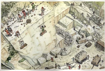 Edad Media: vista aérea que representa a obreros trabajando en las canteras de mármol de Carrara (Carrara) en el siglo XV. Se representan los diferentes pasos, extracción, tamaño del bloque, transporte. Italia Ilustración de Giorgio Albertini. (El uso de l