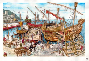 Edad Media: actividades comerciales, carga de barcos, en un puerto de la región de Liguria. Italia siglo XIV
