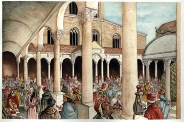 Edad Media: fideles, pelerins, comerciantes y romanos representados en el siglo XIII en el peristilo (entrada) de la antigua Basílica de San Pedro de Roma (San Pedro o Basílica de San Pedro o Basílica de Constantino) que data del Imperio Romano, Roma