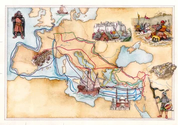 Edad Media: mapa de Europa y Oriente Próximo que muestra las rutas terrestres y marítimas utilizadas por las Cruzadas durante las distintas cruzadas