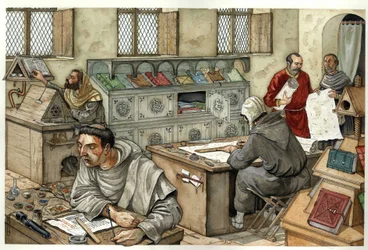 Edad Media: monjes copiando manuscritos en un scriptorium en el siglo XIII. Ilustración de Giorgio Albertini.