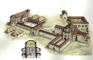 Edad Media: vista general y sección transversal reconstruyendo el palacio de Carlomagno (ca. 742-814) realizado por el arquitecto Eudes de Metz hacia 794 en Aquisgrán (Aquisgrán) Alemania. Ilustración de Giorgio Albertini. (La utilización de las obras de e