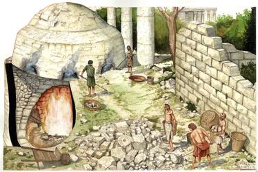 Edad Media: reconstitución de un horno de cal (chaufour), obreros trabajan la piedra caliza. Ilustración de Giorgio Albertini. (La utilización de las obras de este autor no está sujeta a la solicitud de autorización a terceros ni al pago de tasas adicional