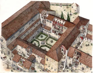 Edad Media: reconstitución de un monasterio y vida de monjas o monjes. Los cortes permiten ver las escenas interiores. Ilustración de Giorgio Albertini. (La utilización de las obras de este autor no está sujeta a la solicitud de autorización de un tercero 