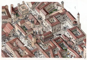 Edad Media: reconstitución del histórico barrio Gótico de Barcelona en el siglo XIV. Se ve la Cathedrale Sainte-Eulalie (Santa Eulalia). España Ilustración de Giorgio Albertini. (El uso de las obras de este autor no está sub