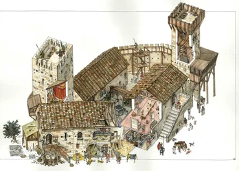 Edad Media: reconstrucción de un castillo de las regiones centrales de Italia en el siglo XIII. Los cortes permiten ver las actividades en el castillo, los soldados colocados para la defensa en las torres. Ilustración de Giorgio Albertini. (El uso de la