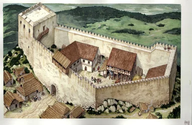Edad Media: reconstrucción del castillo cátaro de Montsegur (terminado en el siglo XIII), Ariege, Francia.
