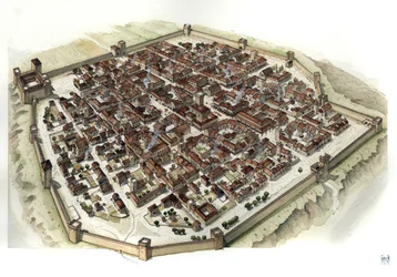 Edad Media: reconstrucción de la ciudad fortificada de Cherasco (Piamonte) en la época de su fundación en el siglo XIII, Italia.