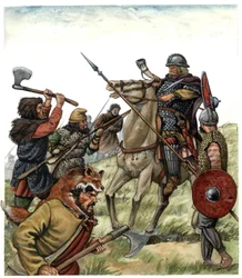Edad Media: escena de la batalla de Roncesvalles (País Vasco español), un jinete franco del ejército de Carlomagno se enfrenta a los moros en 778. Siglo VIII. Ilustración de Giorgio Albertini.