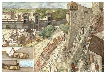Edad Media: asedio de la ciudad de Viterbo, cerca de Roma, codiciada por los güelfos, partidarios del Papa, y por los gibelinos, partidarios del ejército del emperador Federico II Hohenstaufen (1194-1250) en 1240. Italia. Abajo a la izquierda hay una descr