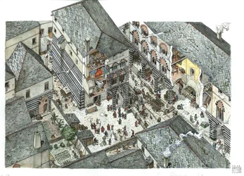 Edad Media: vista de un palacio de la nobleza mercantil (Curia o curia) de Genes en el siglo XV, escenas callejeras, Italia Ilustración de Giorgio Albertini.